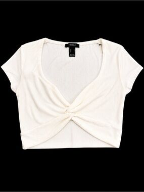 Forever 21 Cream Twist-Front Short Sleeve Crop Top